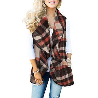 Plaid Ruffle Open-front Vest