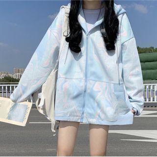 Tie-dye Hooded Zip Jacket Light Blue - One Size