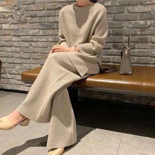 Set: Rib Knit Sweater + Wide Leg Pants
