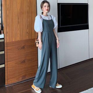 Balloon-sleeve Blouse / Spaghetti Strap Wide Leg Jumpsuit