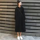 Plain Long-sleeve Loose-fit Hooded Dress Black - One Size