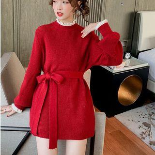 Ruffled Tie-waist Mini Sweater Dress