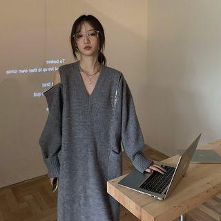 Long-sleeve V-neck Plain Zip Detail Sweater