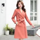 Set: Woolen Coat + Mock Collar Top + Plaid A-line Skirt