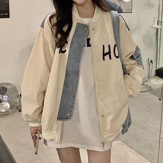 Denim Panel Lettering Baseball Jacket