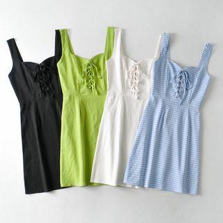Wide Strap Gingham Lace-up A-line Dress