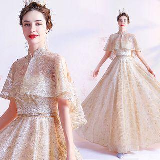 Shawl Applique Glitter A-line Evening Gown