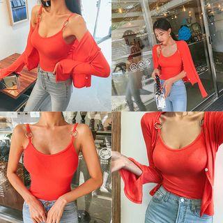 Set: Slit-cuff Light Cardigan + Hoop-accent Camisole Top
