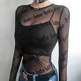 Thumb-hole Letter Mesh Top Black - One Size