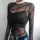 Thumb-hole Letter Mesh Top Black - One Size