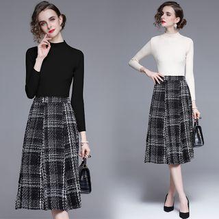 Set: Mock-neck Knit Top + Plaid Midi Skirt