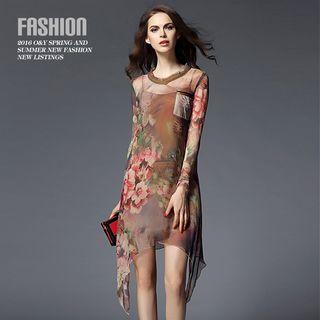 Long-sleeve Floral Silk Dress