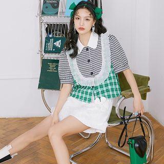 Puff-sleeve Houndstooth Panel Blouse / Shorts