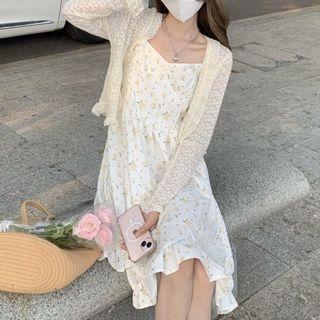 Spaghetti Strap Floral Midi Sundress / Lace Cardigan