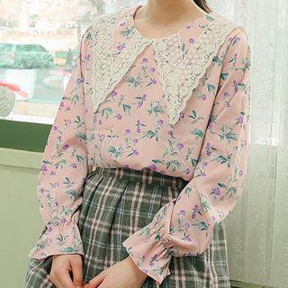 Lace-collar Floral Crepe Blouse