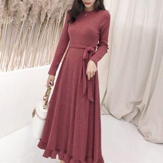 Tie-waist Frill-hem Knitted A-line Dress
