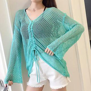 Drawstring Long-sleeve Mesh Top