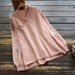 Flower Embroidered Frog-button Sweater