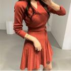 Long-sleeve Knit Mini A-line Wrap Dress