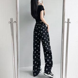 Mid Rise Crisscross Print Wide Leg Jeans