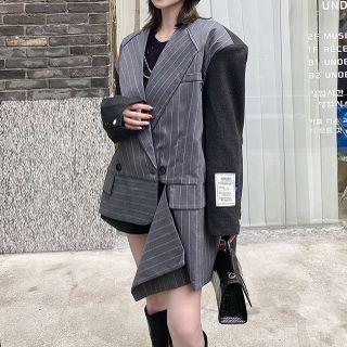 Lettering Patch Striped Irregular Double-breasted Blazer