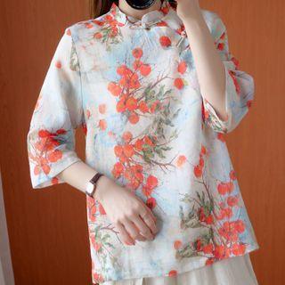 3/4-sleeve Floral Print Cheongsam Top Tangerine - One Size