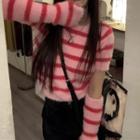 Short-sleeve Stripe Knit Cropped Top Pink - One Size