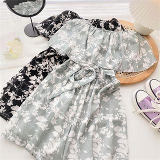 Off-shoulder Ruffle-trim Print Dress