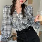 Puff-sleeve Ruffled Plaid Blouse Gray - One Size