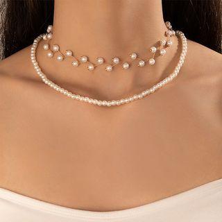 Set Of 2: Beaded Necklace 22214 - White - One Size