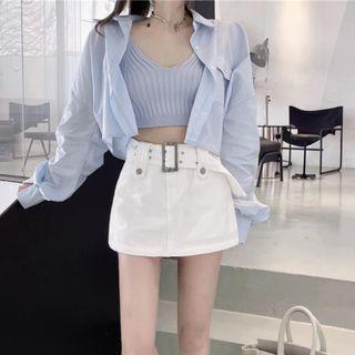 Cropped Knit Camisole Top / Shirt Jacket / Denim Skort