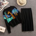 Set: Printed Sweater + Midi Knit Straight-fit Skirt Set - Black - One Size