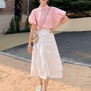 Set: Puff-sleeve Shirt + Asymmetrical Midi A-line Skirt