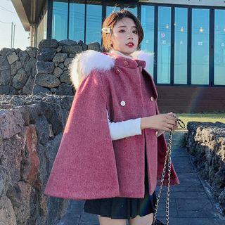 Faux Fur Trim Hooded Cape