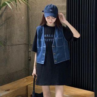 Short-sleeve Lettering Print Mini T-shirt Dress / Buttoned Denim Vest