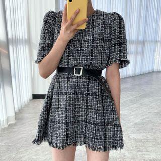 Short-sleeve Belted Tweed Mini A-line Dress