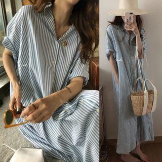 Elbow-sleeve Striped Maxi Shirt Dress Stripe - Gray & White - One Size