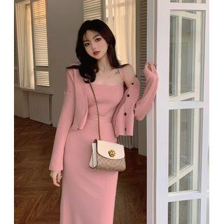 Spaghetti Strap Knit Midi Bodycon Dress / Cardigan