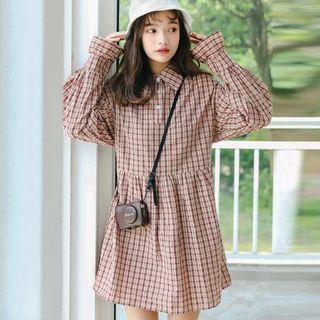 Long-sleeve Plaid Mini A-line Dress