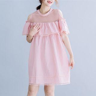 Short-sleeve Cold Shoulder Paneled Dress Pink - One Size