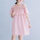 Short-sleeve Cold Shoulder Paneled Dress Pink - One Size