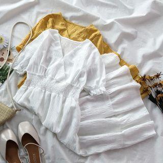 Short-sleeve Tiered V-neck A-line Dress