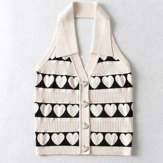 Halter-neck Collared Heart Pattern Knit Camisole Top