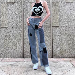 Color Block Heart Pattern Straight Leg Jeans