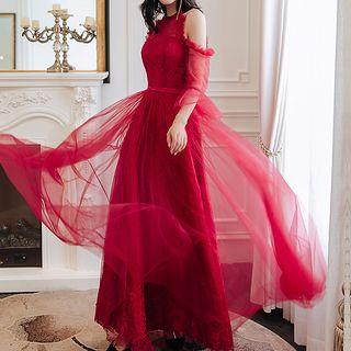 Elbow Sleeve Lace A-line Evening Gown