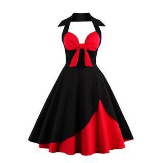 Sleeveless Halter Two-tone A-line Dress