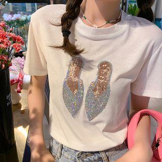 Short-sleeve Rhinestone Sequins Printed T-shirt