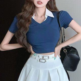 Mock Two-piece Cropped T-shirt / Mini A-line Skirt / Set