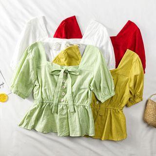 Ribbon-neckline Plain Crop Blouse