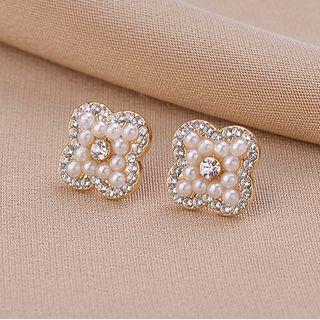 Rhinestone Faux Pearl Stud Earring 1 Pair - Qr31 - Gold & White - One Size
